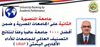 جامعة المنصورة تحتل المركز الثاني محليا  بالتصنيف العالمي للجامعات للأداء الأكاديمي البحثي (URAP)