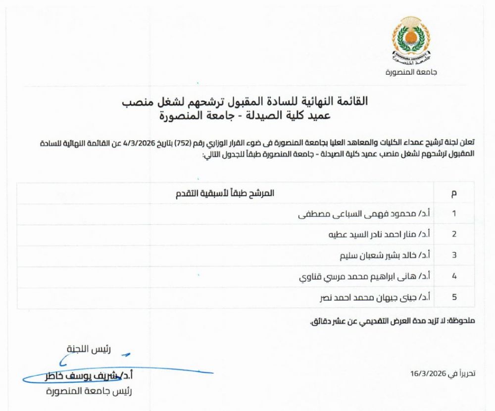 القائمة المبدئية للسادة المقبول ترشيحهم لشغل منصب عميد كلية الحقوق- جامعة المنصورة